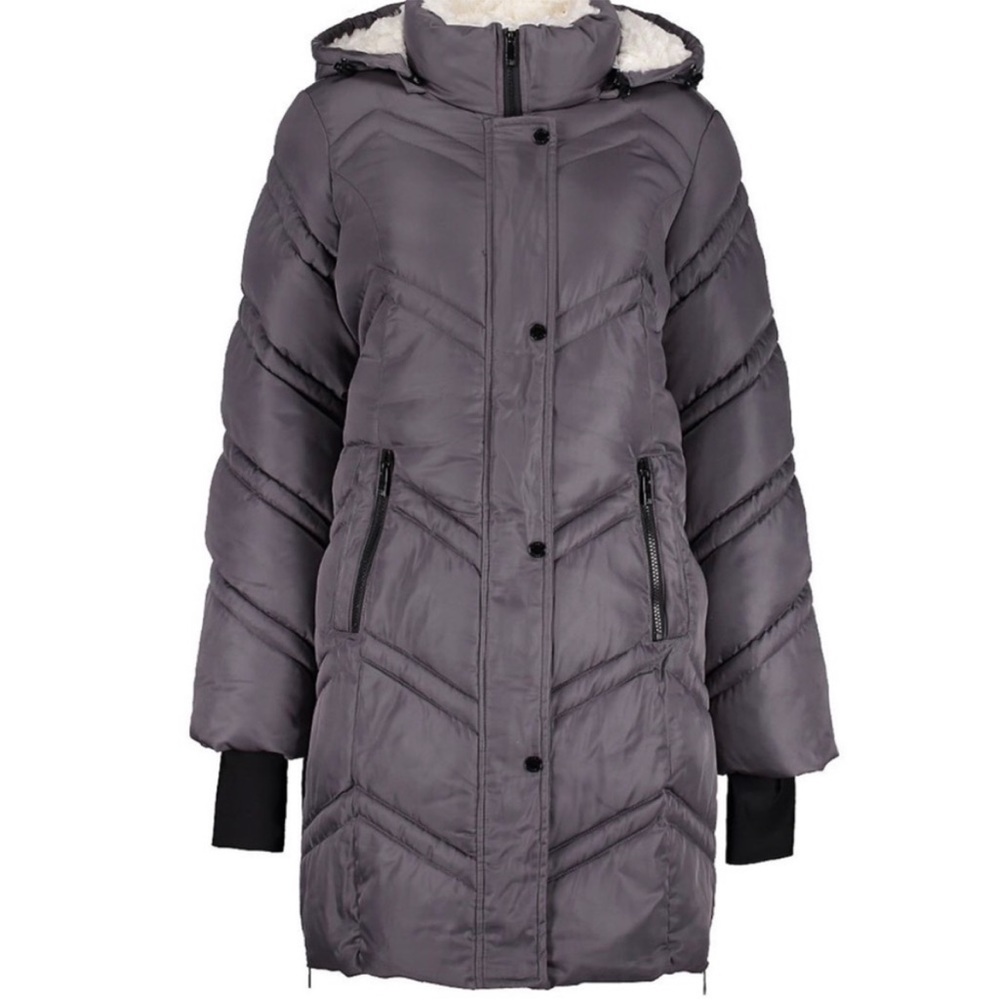 Steve Madden long puffer coat size large nwt grey gray coat with hood for women
